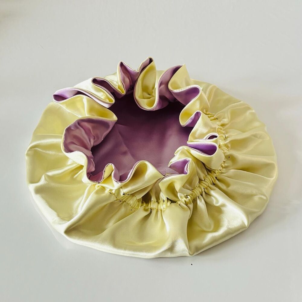 Reversible Satin Sleep Bonnet Hat – Purple & Yellow – Extra Large, Elastic Fit - Picture 9 of 16